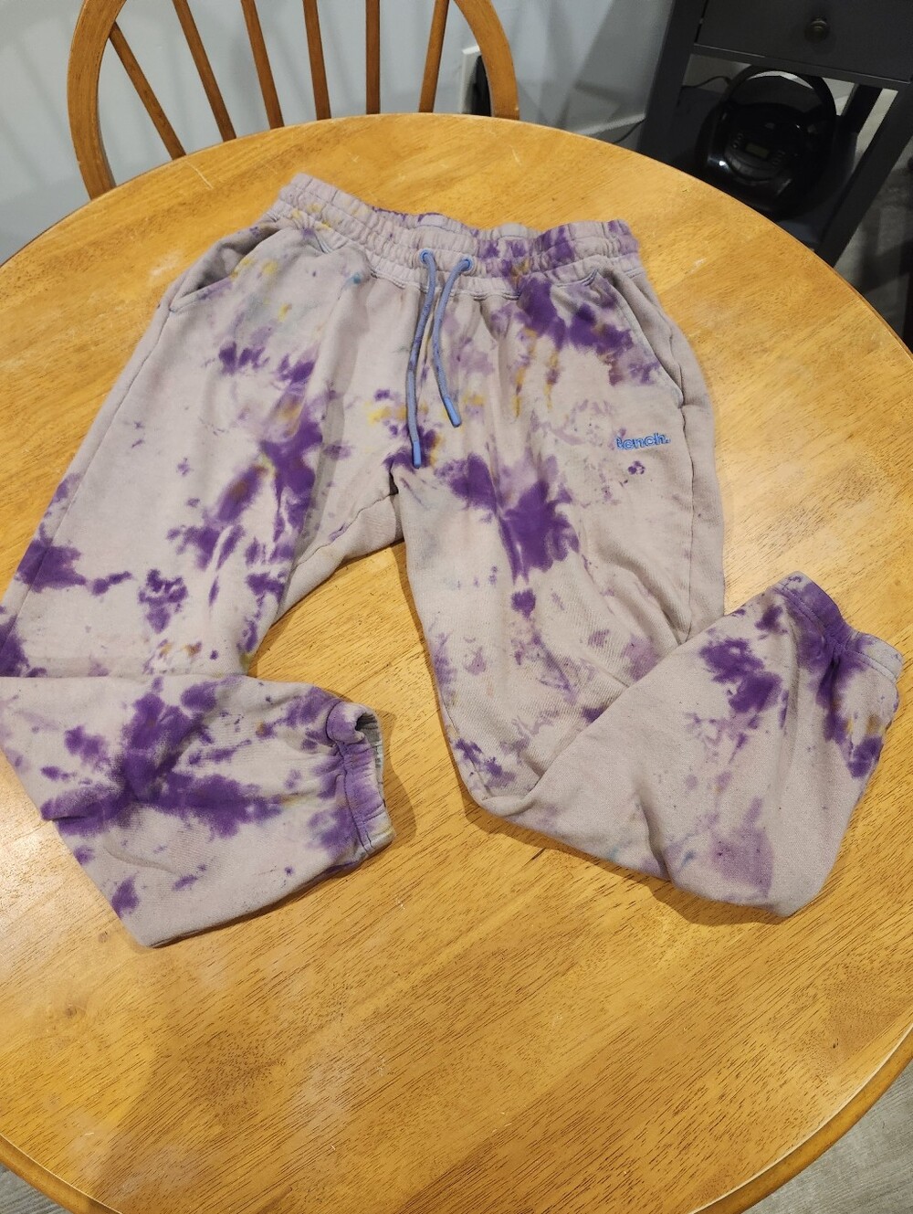 Hand Tie Dyed Bench Sweatpants Medium | Purple Yellow Blue 80% Cotton Joggers